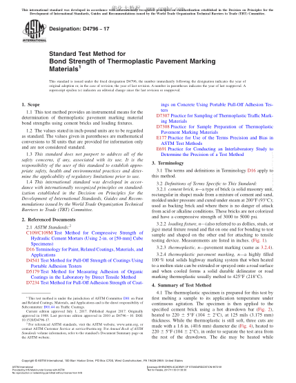 ASTM D4796-2017 熱塑性交通標(biāo)志材料粘合強(qiáng)度的試驗方法 Standard Test Method for Bond Strength of Thermoplastic Pavement Marking Materials