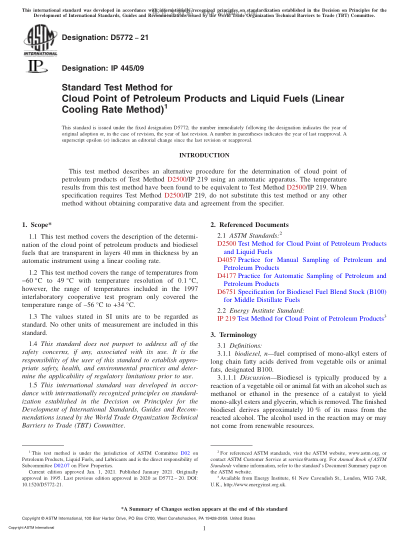 ASTM D5772-2021  Standard Test Method for Cloud Point of Petroleum Products and Liquid Fuels (Linear Cooling Rate Method)