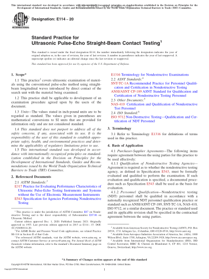 ASTM E114-2020  Standard Practice for Ultrasonic Pulse-Echo Straight-Beam Contact Testing