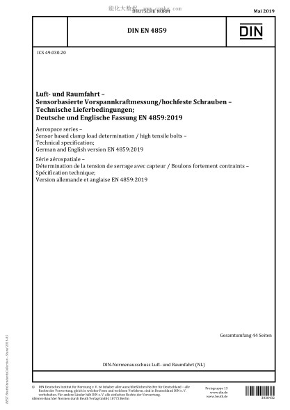 DIN EN 4859-2019  Aerospace series - Sensor based clamp load determination / high tensile bolts - Technical specification