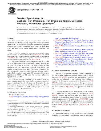 ASTM A743/A743M-2017 一般用耐蝕鉻鐵及鎳鉻鐵合金鑄件規(guī)格 Standard Specification for Castings,Iron-Chromium,Iron-Chromium-Nickel,Corrosion Resistant,for General Application