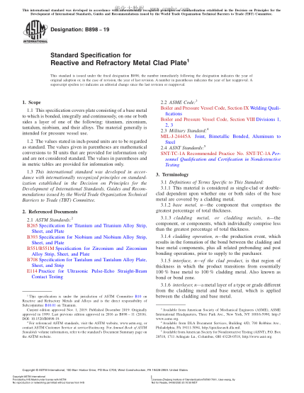 ASTM B898-2019 活性金屬復(fù)合板和難熔金屬復(fù)合板規(guī)格 Standard Specification for Reactive and Refractory Metal Clad Plate