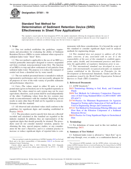 ASTM D7351-2019 薄層水流中沉淀物滯留裝置有效性測(cè)定方法 Standard Test Method for Determination of Sediment Retention Device (SRD) Effectiveness in Sheet Flow Applications