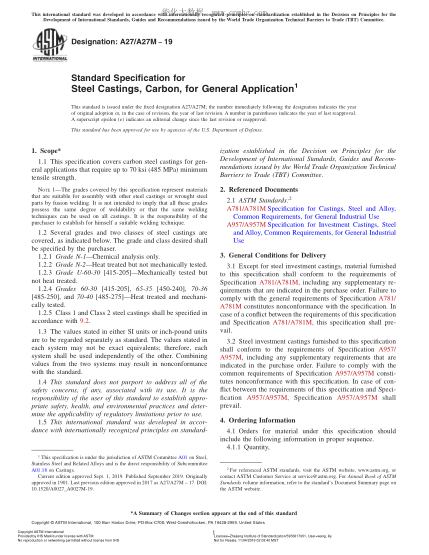 ASTM A27/A27M-2019 通用碳素鋼鑄件規(guī)格 Standard Specification for Steel Castings, Carbon, for General Application