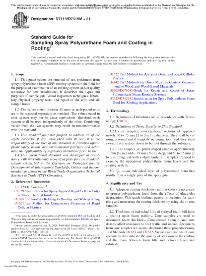 ASTM D7119/D7119M-2021  Standard Guide for Sampling Spray Polyurethane Foam and Coating in Roofing