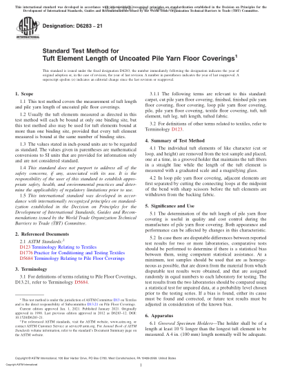 ASTM D6283-2021  Standard Test Method for Tuft Element Length of Uncoated Pile Yarn Floor Coverings