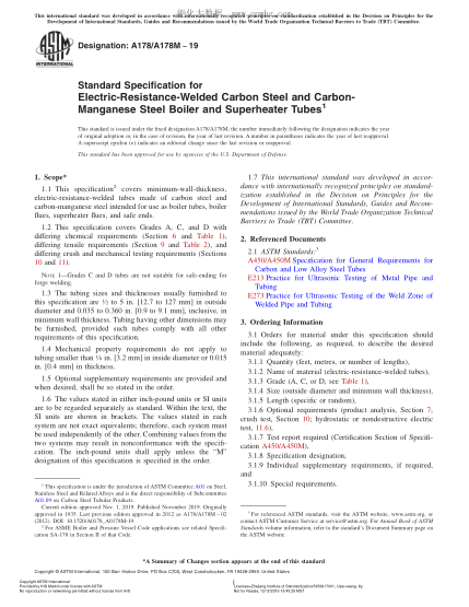 ASTM A178/A178M-2019  Standard Specification for Electric-Resistance-Welded Carbon Steel and Carbon-Manganese Steel Boiler and Superheater Tubes
