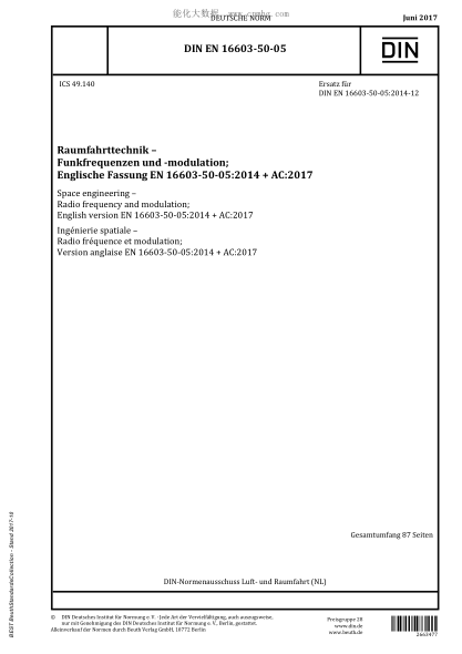 DIN EN 16603-50-05-2017   Space engineering - Radio frequency and modulation; English version EN 16603-50-05:2014 + AC:2017