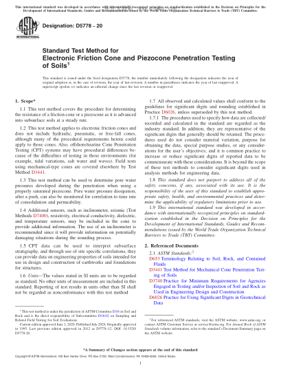 ASTM D5778-2020Standard Test Method for Electronic Friction Cone and Piezocone Penetration Testing of Soils