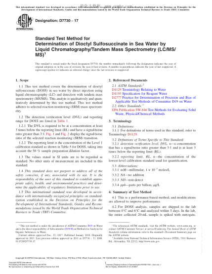 ASTM D7730-2017 用氣相色譜/串聯(lián)質(zhì)譜法（LC/MS/MS）測(cè)定海水中琥珀酸二辛酯磺酸鹽的試驗(yàn)方法 Standard Test Method for Determination of Dioctyl Sulfosuccinate in Sea Water by Liquid Chromatography/Tandem Mass Spectrometry (LC/MS/MS)