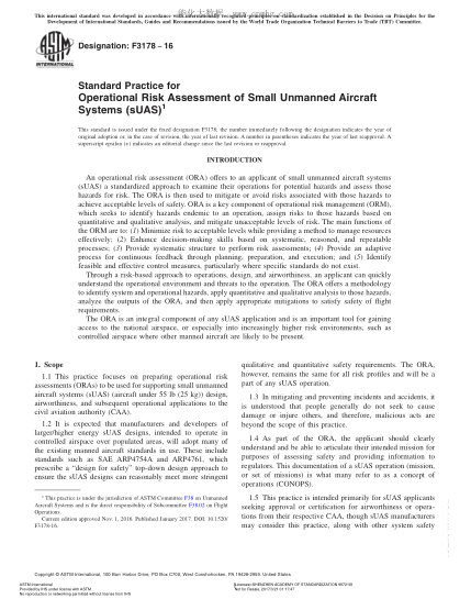 ASTM F3178-2016 用小型無人飛機(jī)實(shí)施運(yùn)行風(fēng)險評估的規(guī)程 Standard Practice for Operational Risk Assessment of Small Unmanned Aircraft Systems  (sUAS)