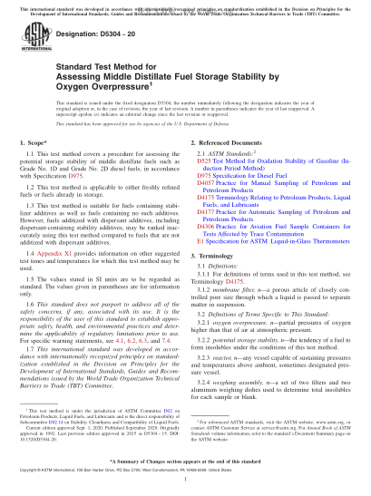 ASTM D5304-2020  Standard Test Method for Assessing Middle Distillate Fuel Storage Stability by Oxygen Overpressure