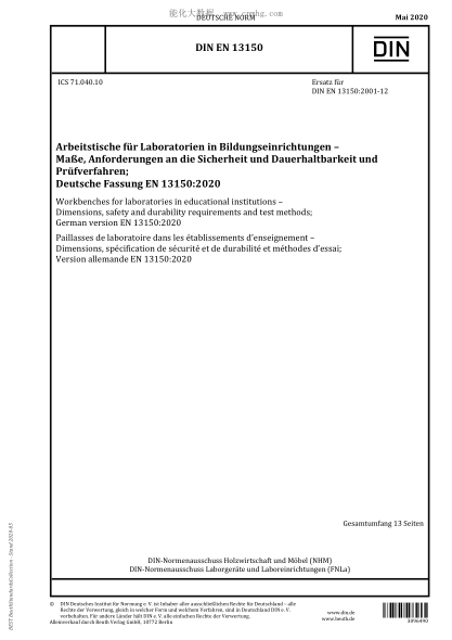 DIN EN 13150-2020  Workbenches for laboratories in educational institutions - Dimensions, safety and durability requirements and test methods; German version EN 13150:2020