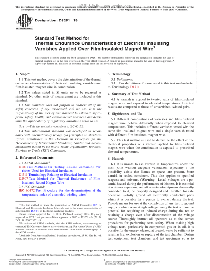 ASTM D3251-2019 薄膜絕緣磁性金屬絲上電絕緣清漆熱壽命特性試驗方法 Standard Test Method for Thermal Endurance Characteristics of Electrical Insulating Varnishes Applied Over Film-Insulated Magnet Wire