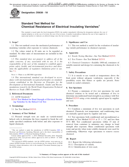 ASTM D5638-2018  Standard Test Method for Chemical Resistance of Electrical Insulating Varnishes