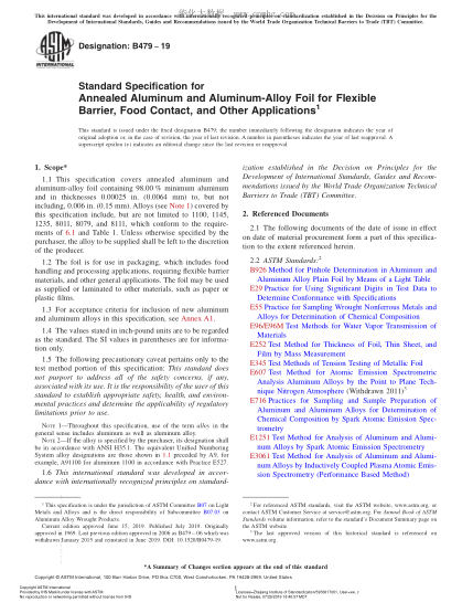 ASTM B479-2019 與食品接觸及其他用途的柔性阻隔材料用退火鋁及鋁合金箔規(guī)格 Standard Specification for Annealed Aluminum and Aluminum-Alloy Foil for Flexible Barrier, Food Contact, and Other Applications