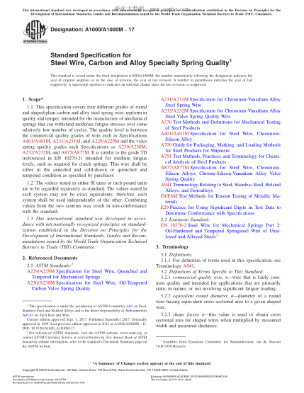 ASTM A1000/A1000M-2017 特種彈簧質(zhì)量級(jí)碳鋼絲及合金鋼絲規(guī)格 Standard Specification for Steel Wire,Carbon and Alloy Specialty Spring Quality