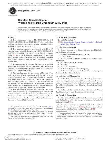 ASTM B515-2019  Standard Specification for Welded Nickel-Iron-Chromium Alloy Pipe