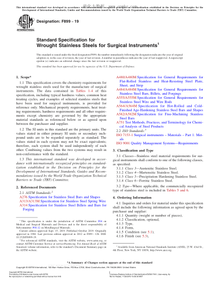 ASTM F899-2019 外科器械用鍛制不銹鋼的規(guī)格 Standard Specification for Wrought Stainless Steels for Surgical Instruments
