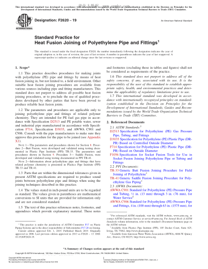 ASTM F2620-2019 聚乙烯管和管件熱熔接合規(guī)程 Standard Practice for Heat Fusion Joining of Polyethylene Pipe and Fittings