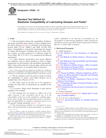 ASTM D4289-2019  Standard Test Method for Elastomer Compatibility of Lubricating Greases and Fluids