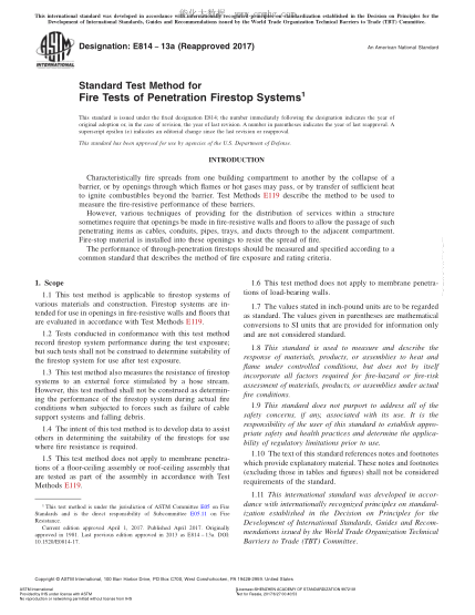 ASTM E814-2013a(2017) 貫穿部阻火系統(tǒng)燃燒試驗(yàn)方法 Standard Test Method for Fire Tests of Penetration Firestop Systems