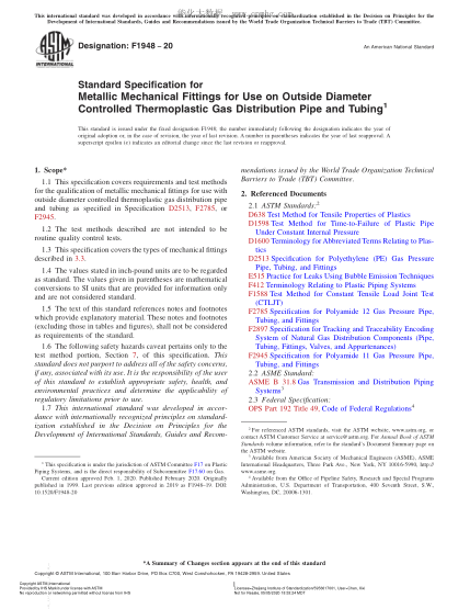 ASTM F1948-2020  Standard Specification for Metallic Mechanical Fittings for Use on Outside Diameter Controlled Thermoplastic Gas Distribution Pipe and Tubing