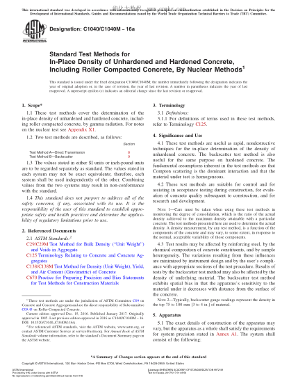 ASTM C1040/C1040M-2016a 用核法現(xiàn)場測定包括輥子搗實混凝土在內(nèi)的硬化與非硬化混凝土密度的試驗方法 Standard Test Methods for  In-Place Density of Unhardened and Hardened Concrete, Including  Roller Compacted Concrete, By Nuclear Methods