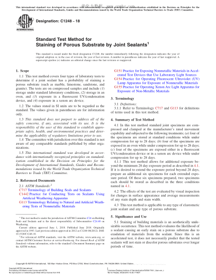 ASTM C1248-2018  Standard Test Method for Staining of Porous Substrate by Joint Sealants