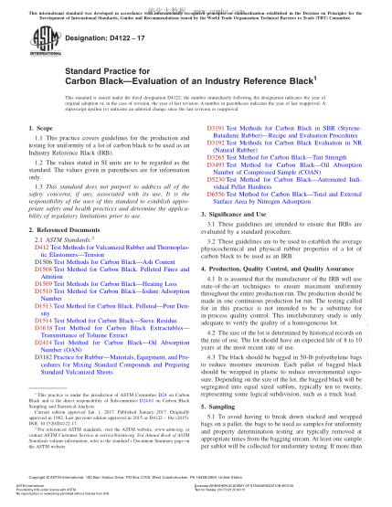 ASTM D4122-2017 炭黑-工業(yè)參比炭黑評(píng)價(jià)規(guī)程 Standard Practice for Carbon Black—Evaluation of an Industry Reference Black