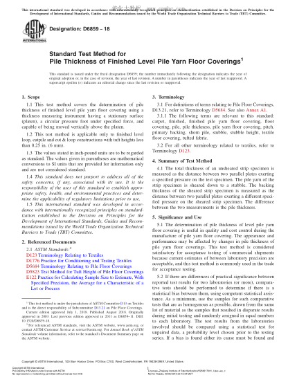 ASTM D6859-2018  Standard Test Method for Pile Thickness of Finished Level Pile Yarn Floor Coverings