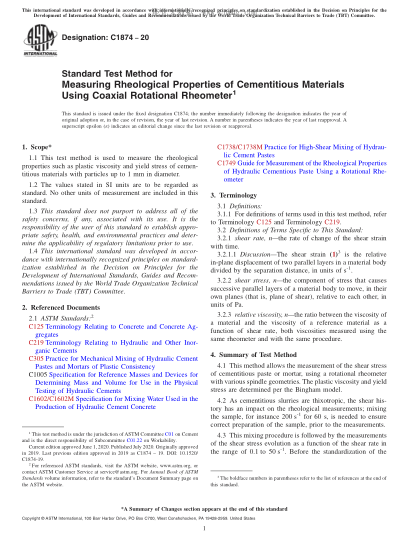 ASTM C1874-2020  Standard Test Method for Measuring Rheological Properties of Cementitious Materials Using Coaxial Rotational Rheometer