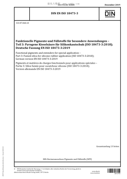 DIN EN ISO 18473-3-2019  Functional pigments and extenders for special application – Part 3: Fumed silica for silicone rubber application