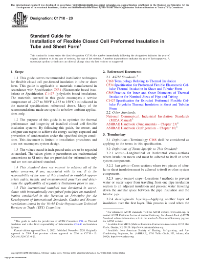ASTM C1710-2020  Standard Guide for Installation of Flexible Closed Cell Preformed Insulation in Tube and Sheet Form