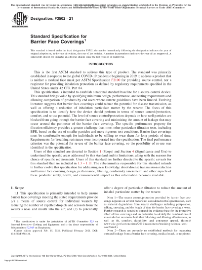 ASTM F3502-2021  Standard Specification for Barrier Face Coverings