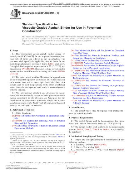 ASTM D3381/D3381M-2018 路面鋪設用粘度分級的瀝青膠結料規(guī)格 Standard Specification for Viscosity-Graded Asphalt Binder for Use in Pavement Construction