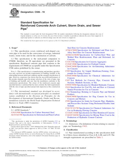 ASTM C506-2019 鋼筋混凝土拱涵、雨水管和污水管規(guī)格 Standard Specification for Reinforced Concrete Arch Culvert, Storm Drain, and Sewer Pipe