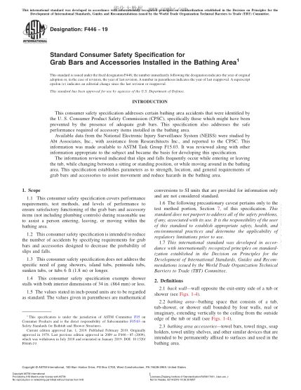 ASTM F446-2019 沐浴區(qū)安裝的扶手桿和輔助裝置的消費者安全規(guī)格 Standard Consumer Safety Specification for Grab Bars and Accessories Installed in the Bathing Area