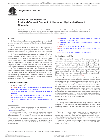 ASTM C1084-2019  Standard Test Method for Portland-Cement Content of Hardened Hydraulic-Cement Concrete