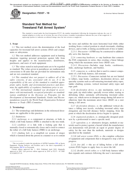 ASTM F2337-2019Standard Test Method for Treestand Fall Arrest System