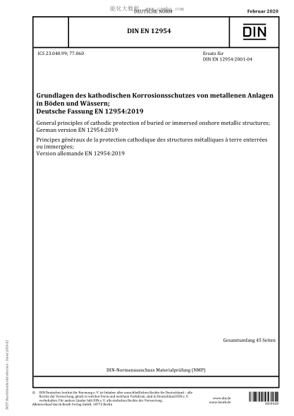 DIN EN 12954-2020  General principles of cathodic protection of buried or immersed onshore metallic structures