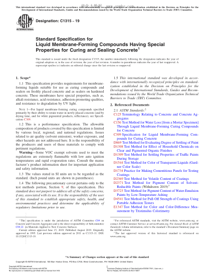 ASTM C1315-2019  Standard Specification for Liquid Membrane-Forming Compounds Having Special Properties for Curing and Sealing Concrete