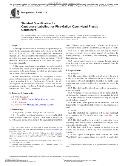 ASTM F1615-2019 5加侖開口塑料容器警示標(biāo)簽規(guī)格 Standard Specification for Cautionary Labeling for Five-Gallon Open-Head Plastic Containers