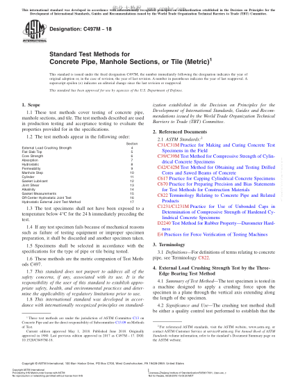 ASTM C497M-2018  Standard Test Methods for Concrete Pipe,Manhole Sections,or Tile (Metric)