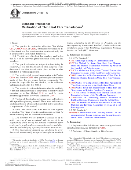 ASTM C1130-2017 薄型熱流傳感器校準規(guī)程 Standard Practice for Calibration of Thin Heat Flux Transducers