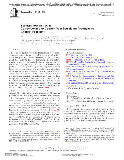 ASTM D130-2019  Standard Test Method for Corrosiveness to Copper from Petroleum Products by Copper Strip Test