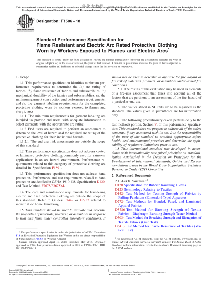 ASTM F1506-2018 暴露在火焰和電弧下工人穿用的耐燃耐電弧防護(hù)服性能規(guī)格 Standard Performance Specification for Flame Resistant and Electric Arc Rated Protective Clothing Worn by Workers Exposed to Flames and Electric Arcs