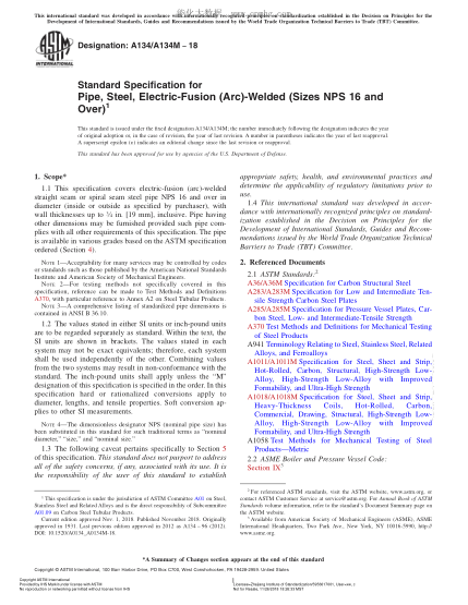 ASTM A134/A134M-2018  Standard Specification for Pipe, Steel, Electric-Fusion (Arc)-Welded (Sizes NPS 16 and Over)