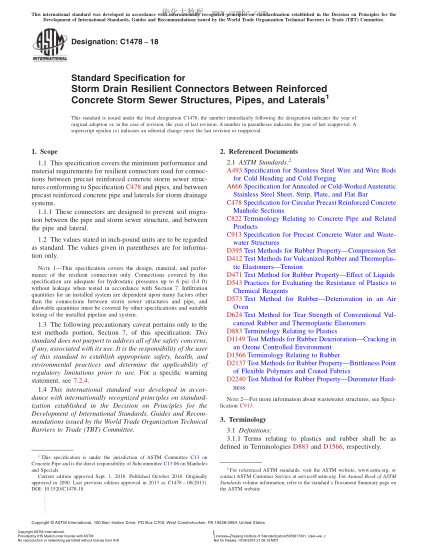 ASTM C1478-2018  Standard Specification for Storm Drain Resilient Connectors Between Reinforced Concrete Storm Sewer Structures, Pipes, and Laterals