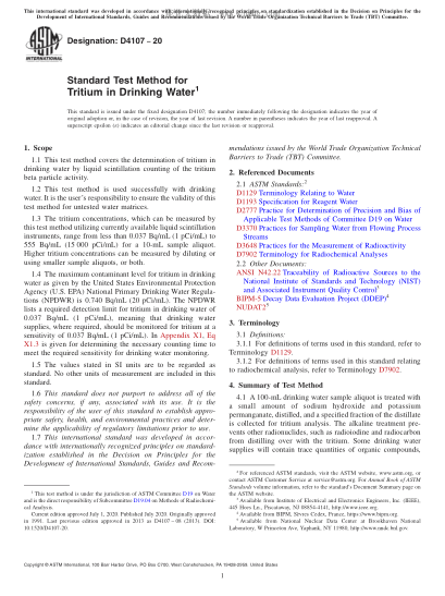 ASTM D4107-2020  Standard Test Method for Tritium in Drinking Water